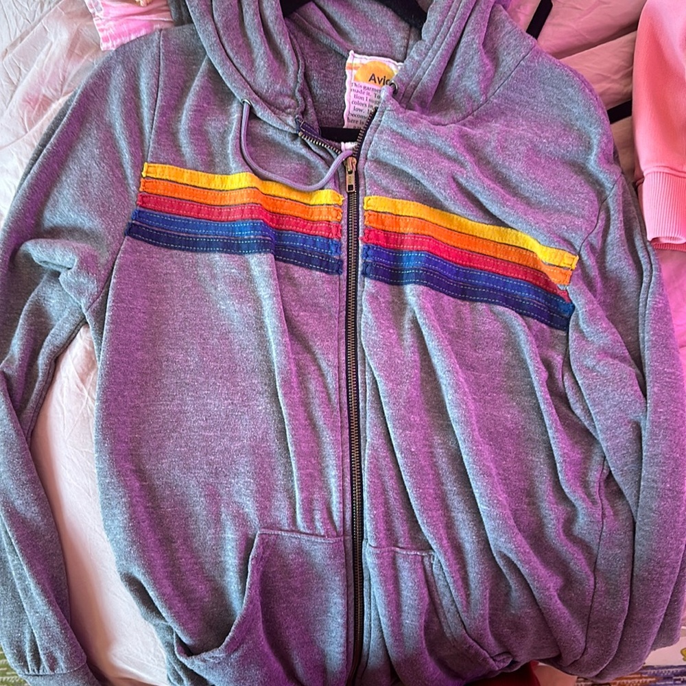 Rainbow striped grey aviator nation sweatshirt.
